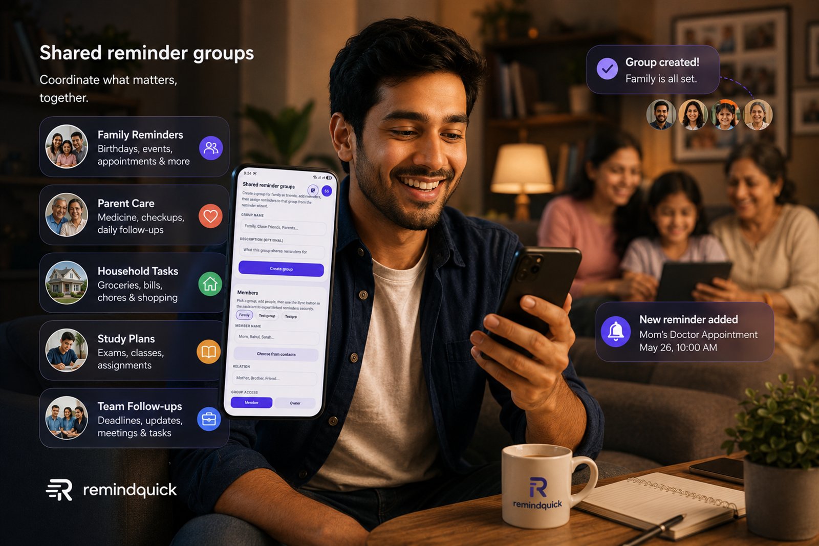 RemindQuick shared reminder groups for family, parent care, household tasks, study plans, and team follow-ups