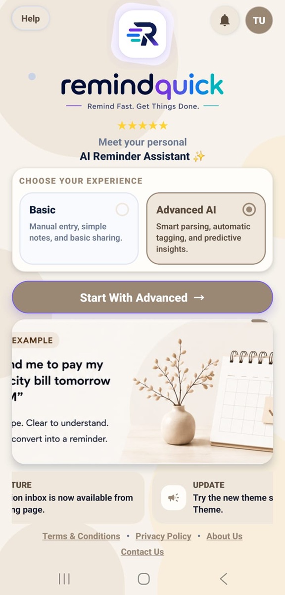 RemindQuick Android app home screen
