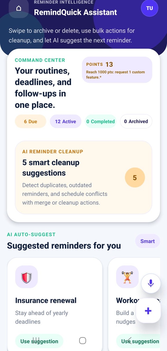 RemindQuick smart reminder screen