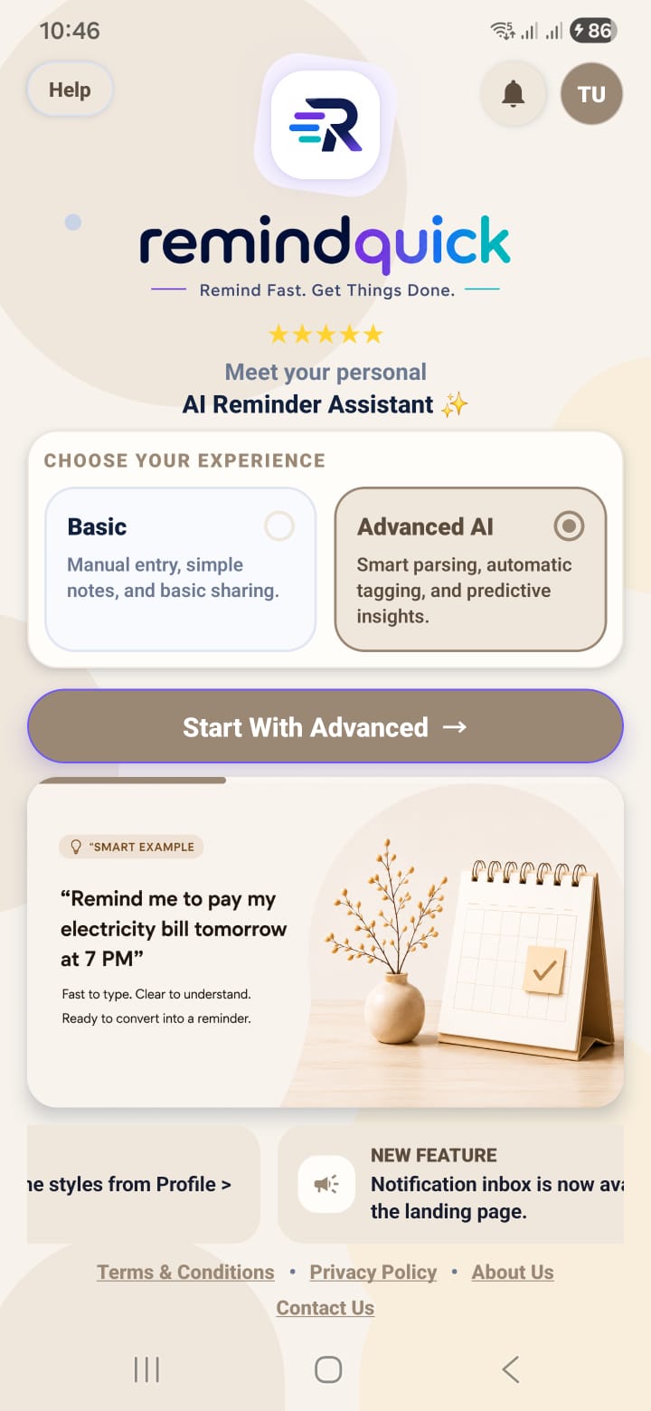RemindQuick reminder assistant view
