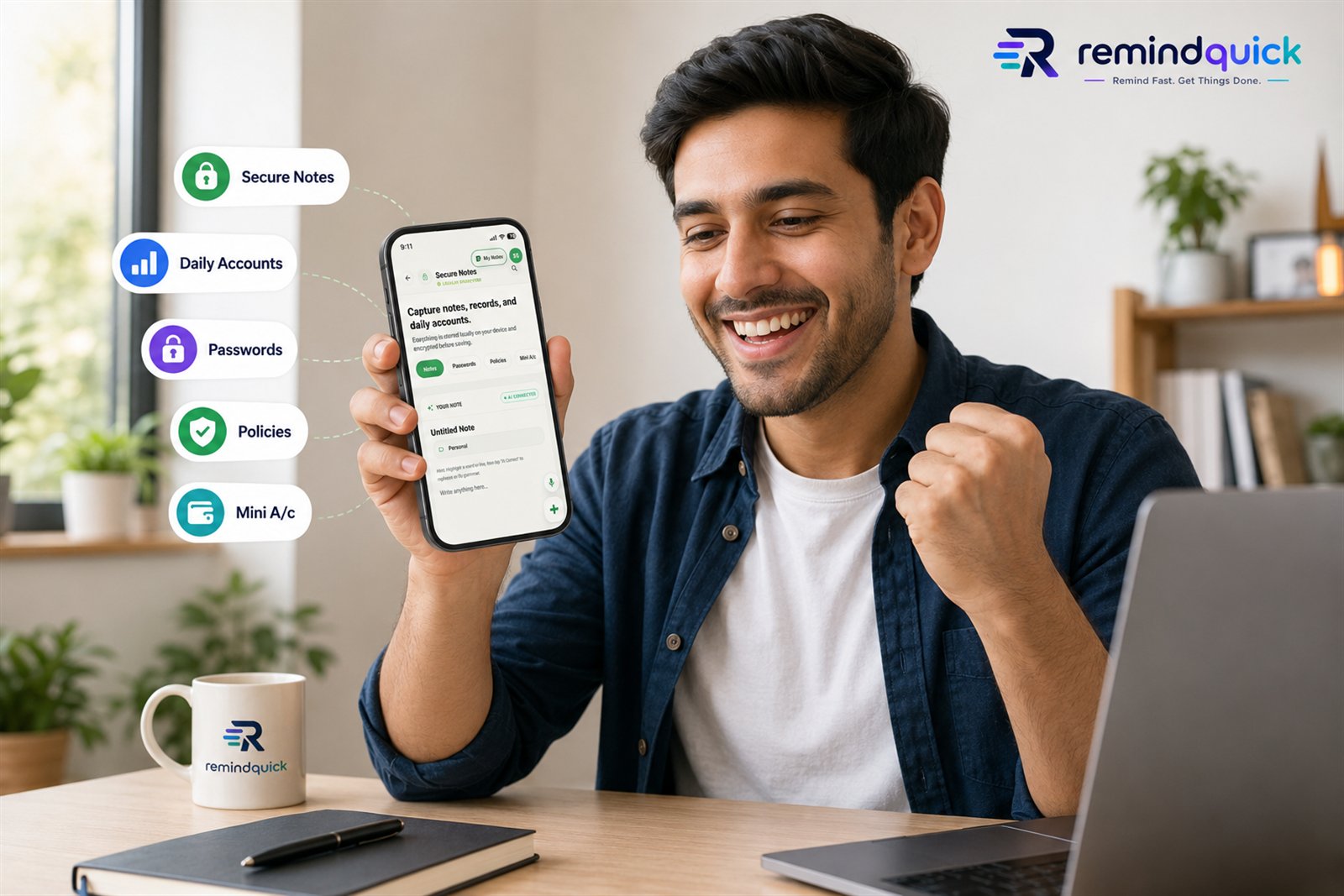 RemindQuick Secure Notes feature for notes, passwords, policies, and mini accounts