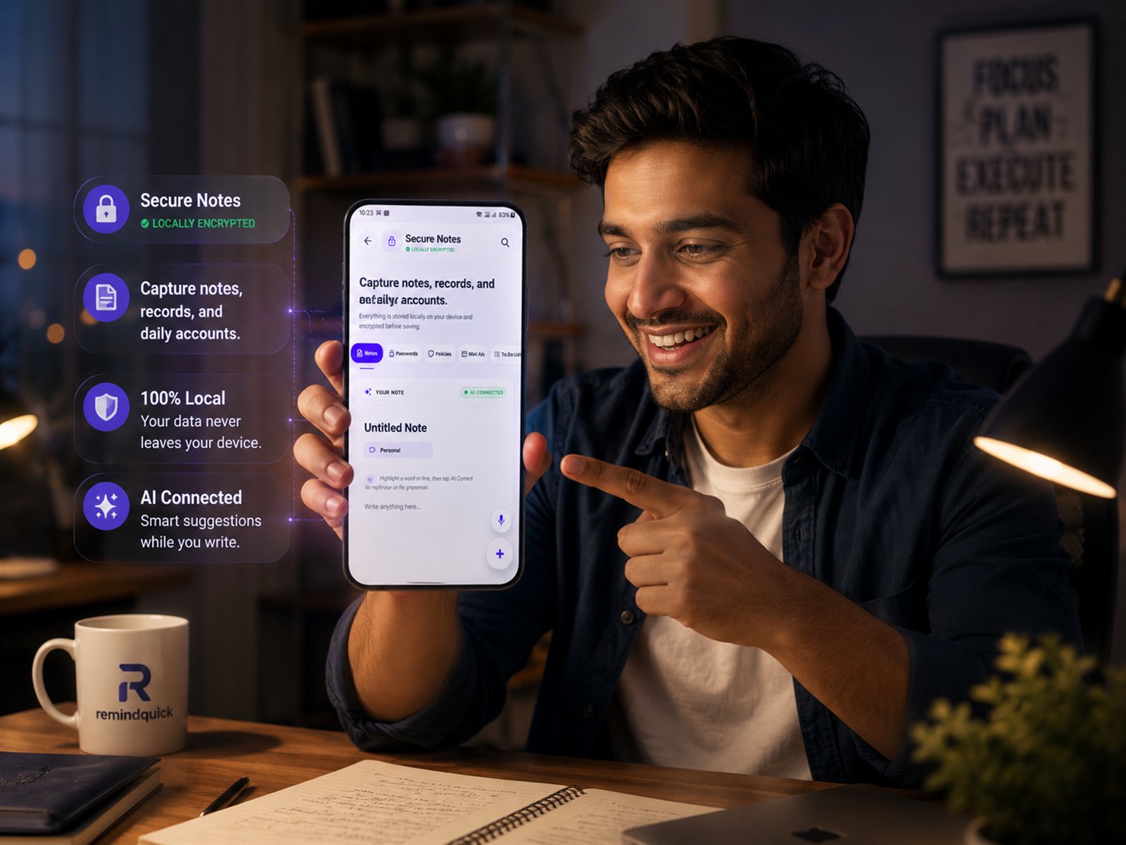 RemindQuick Secure Notes night mode showcase with 100 percent local storage and AI connected