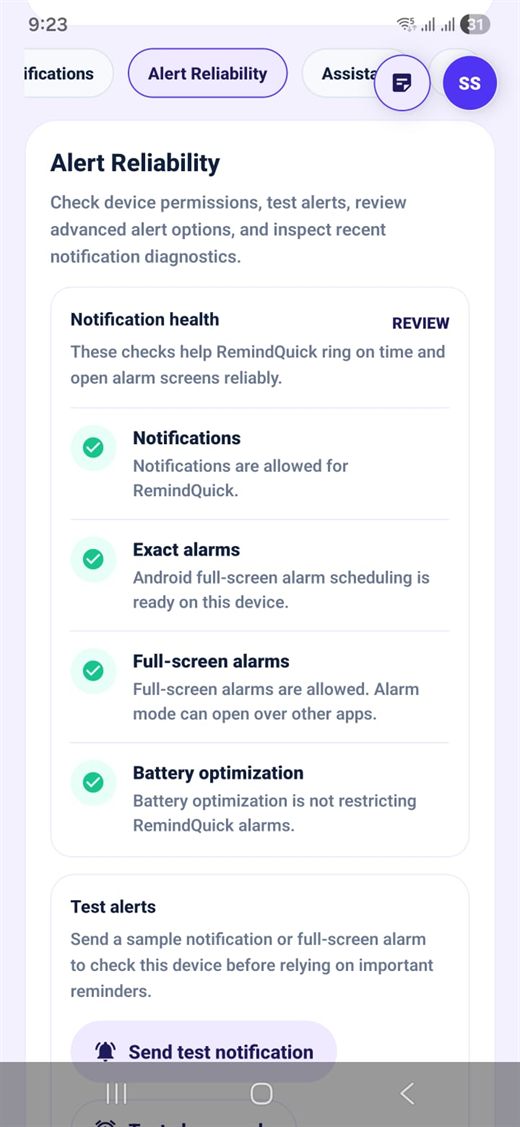 RemindQuick Alert Reliability notification settings screen