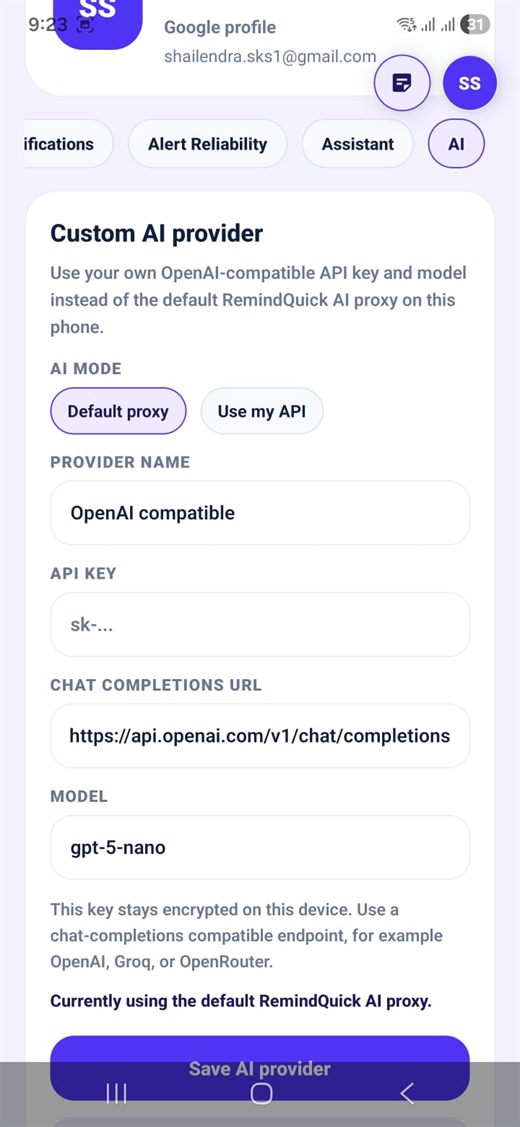 RemindQuick custom AI provider and LLM API settings screen