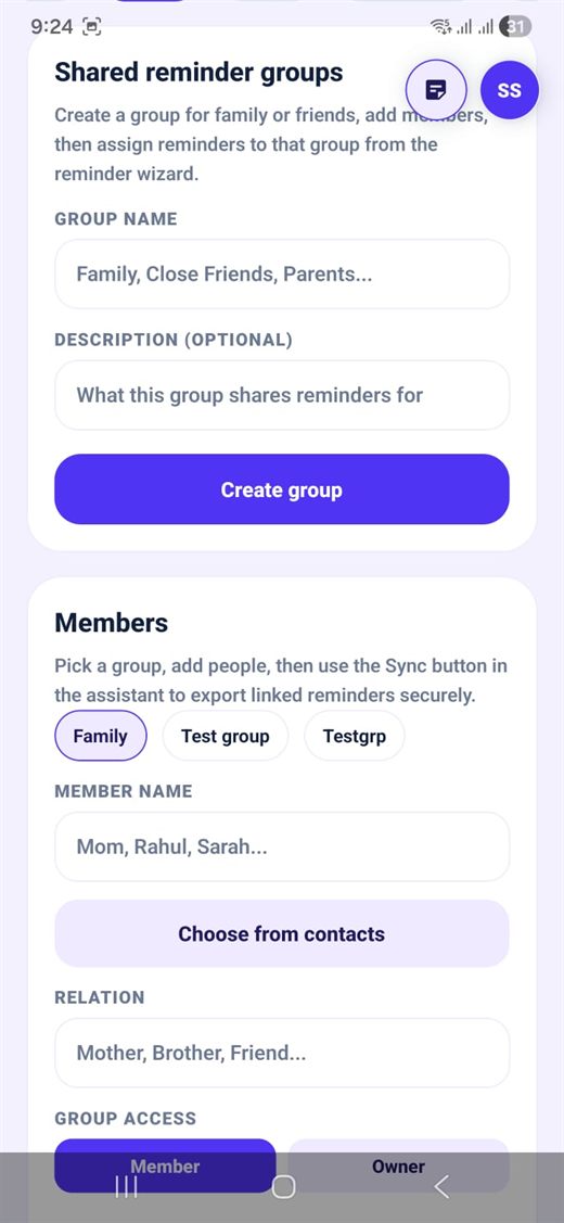 RemindQuick shared reminder groups setup screen