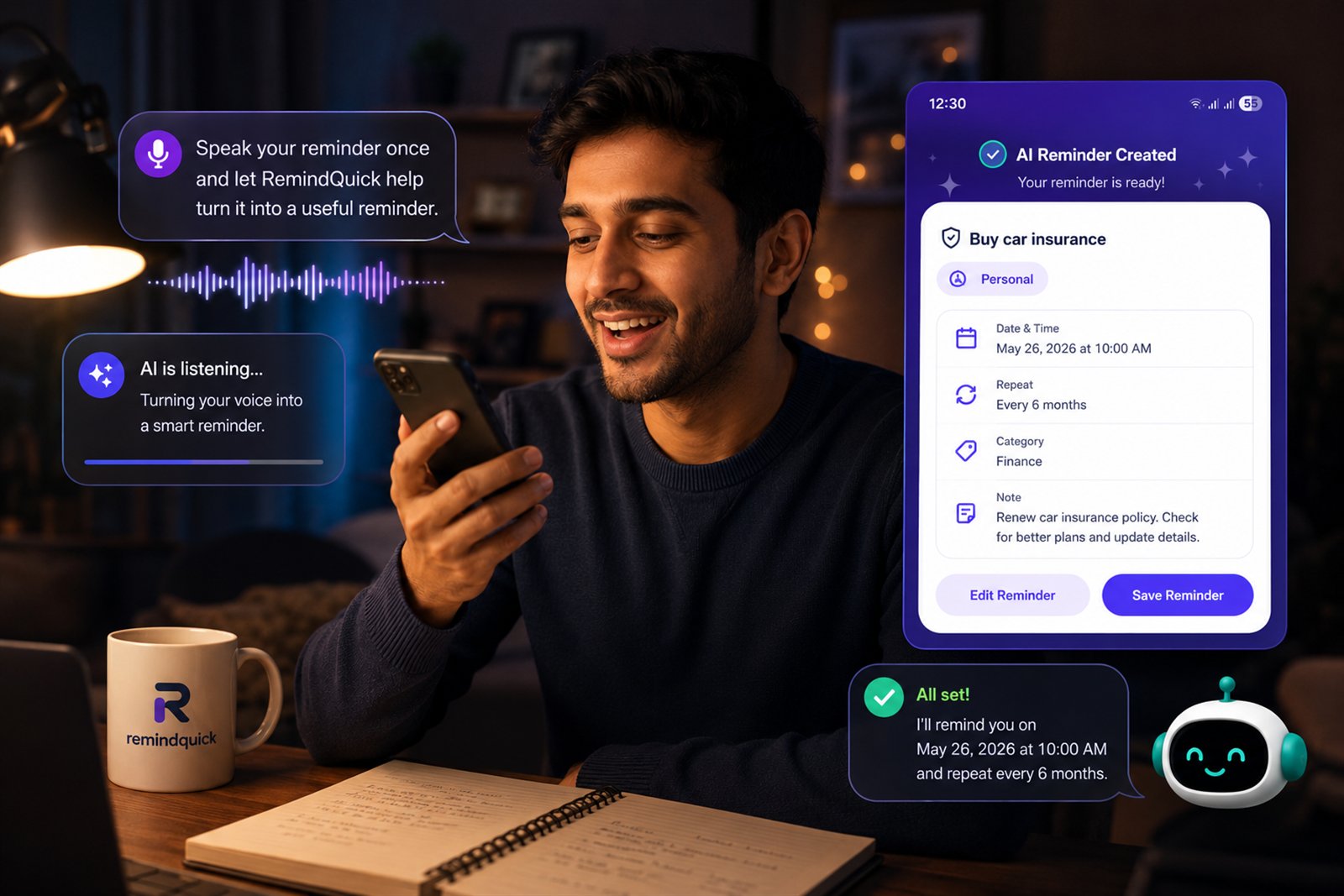 RemindQuick AI voice reminder app creating a smart reminder from speech